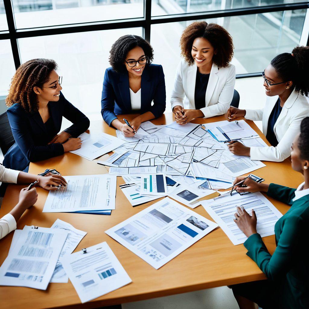 A group of diverse women engaging in a collaborative discussion around a large table filled with documents and digital devices, symbolizing empowerment and teamwork in risk management. They are surrounded by illustrations of insurance options like health, property, and business coverage, integrated into a modern office setting. The atmosphere is bright and inspiring, showcasing a harmonious blend of technology and human connection. super-realistic. vibrant colors. white background.