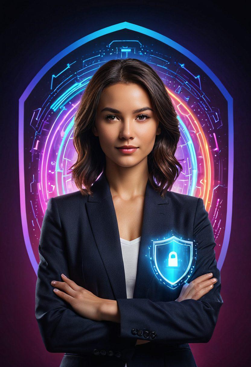 A strong woman standing confidently while holding a digital shield, symbolizing protection in the digital world. The background features a blend of technology and vibrant colors, with icons representing online security, insurance, and empowerment. She wears modern, professional attire and has a determined expression. The overall atmosphere is one of strength and assurance. vibrant colors. super-realistic. dynamic composition.