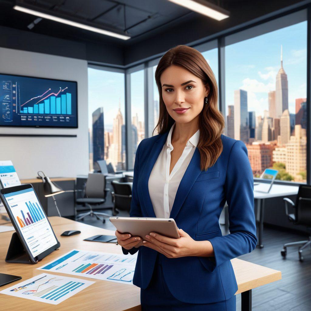 A confident woman standing in a modern office, analyzing insurance documents with a digital tablet in hand. Surround her with symbols of empowerment like a rising graph, diverse women icons, and modern technology. In the background, a bright cityscape reflects progress and innovation. The atmosphere should exude professionalism and optimism. super-realistic. vibrant colors. 3D.